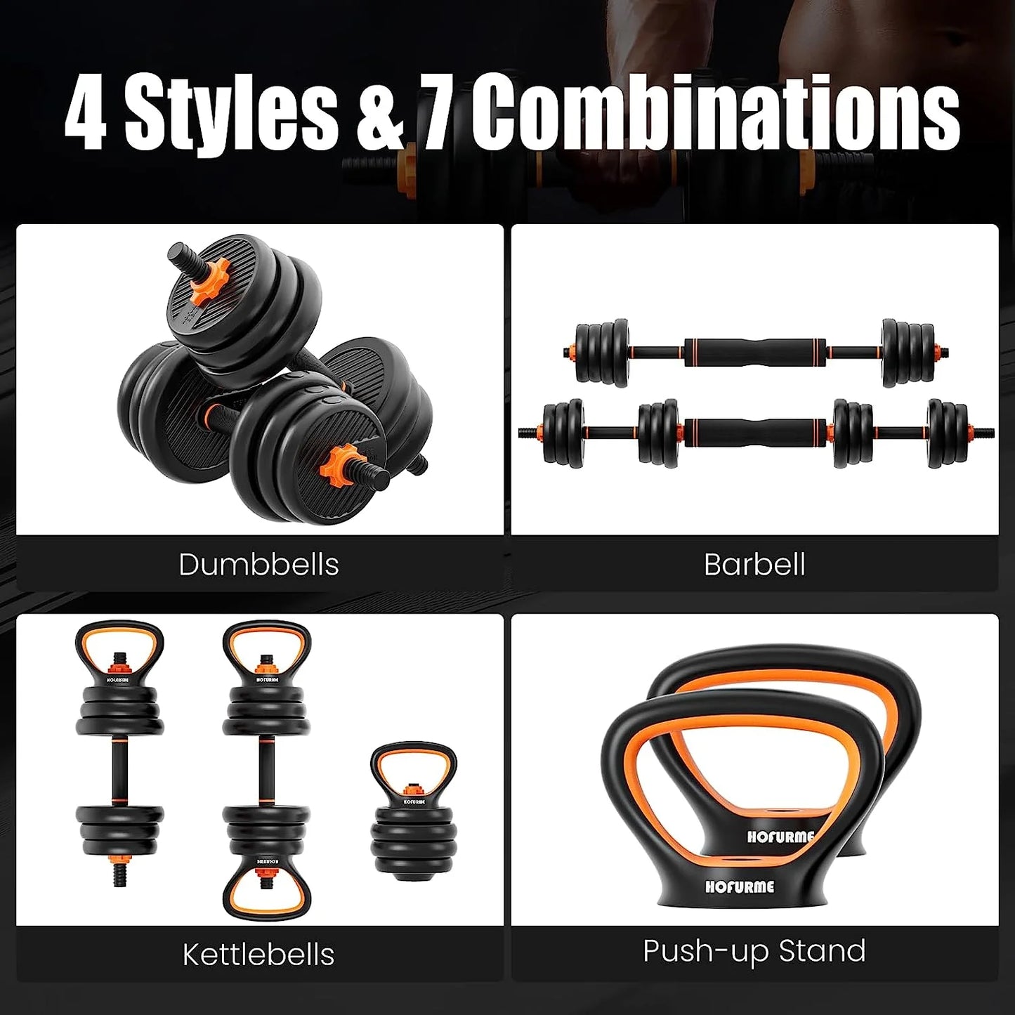 Adjustable Dumbbell Set, 55 Lbs Free Weights Dumbbells, Barbell, Kettlebell and Push-Up, Home Gym Fitness Workout Equipment, Black