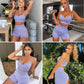Women Seamless Yoga Outfits 2 Piece Workout Short Sleeve Crop Top with High Waisted Running Shorts Sets Activewear