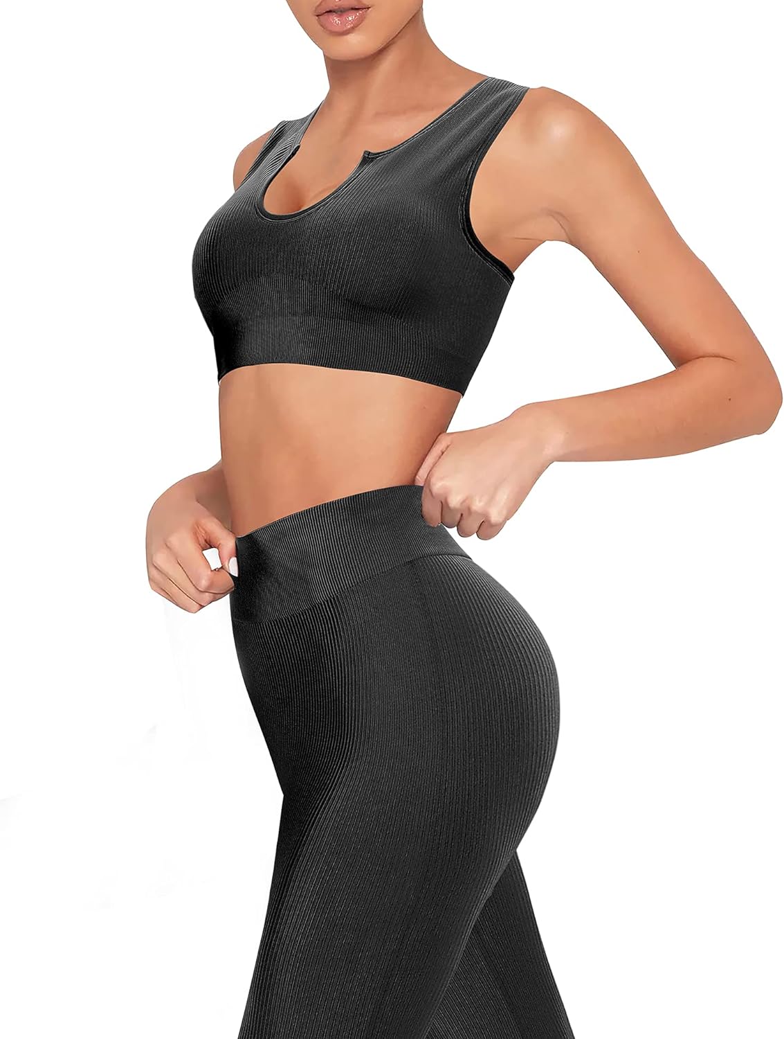 2 Piece Workout Sets for Women Seamless Yoga Outfits Ribbed Sports Bra Gym Shorts Leggings Set