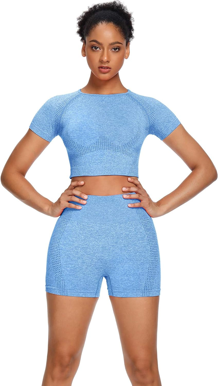 Women Seamless Yoga Outfits 2 Piece Set Workout Gym Shorts + Short Sleeve Crop Top
